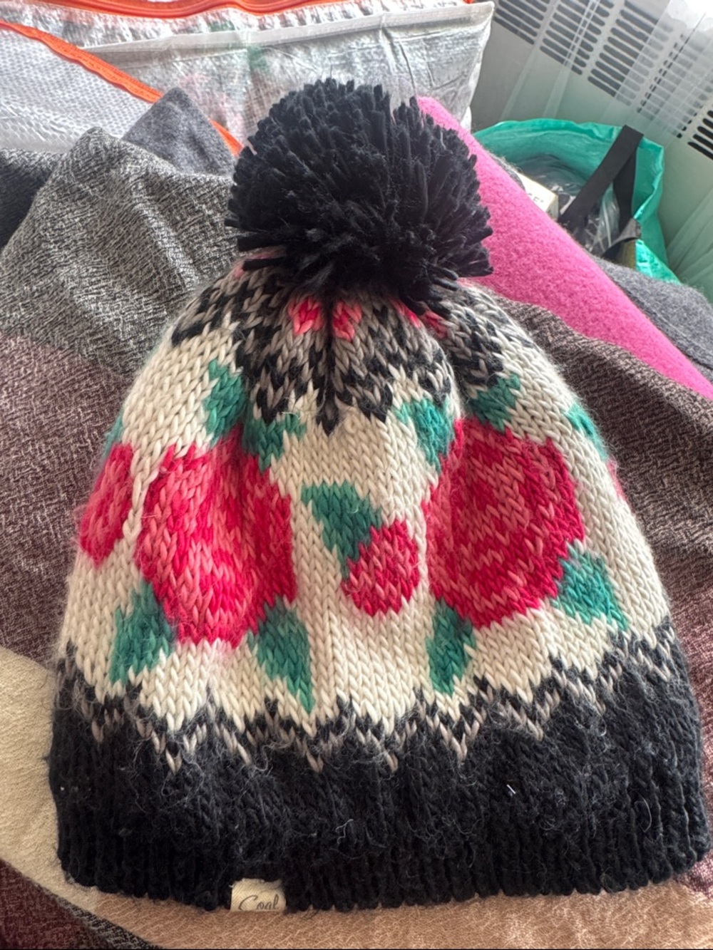 Pom-Pom Knit Beanie with Pink Floral Pattern